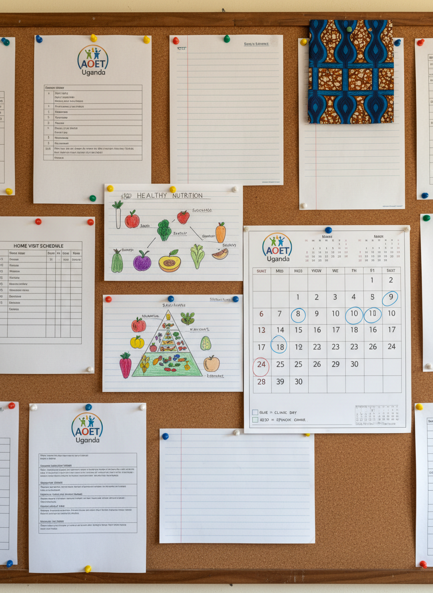 A close-up of a bulletin board in a Ugandan school office, covered in neatly arranged paper materials: printed AOET Uganda logos, schedules for home visits, hand-drawn diagrams explaining nutrition, and a calendar marked with colored circles for clinic days and sponsor communication. Pushpins in varied colors hold slightly curled papers against the corkboard’s warm brown texture. A small cloth with an African wax-print pattern hangs from one corner, adding vibrant blue and orange tones. Soft, indirect indoor lighting creates mild shadows and a calm, focused mood. Photographic realism, framed straight-on with sharp detail across the surface, emphasizing planning, care, and the everyday structures that support sponsored children and mission teams.