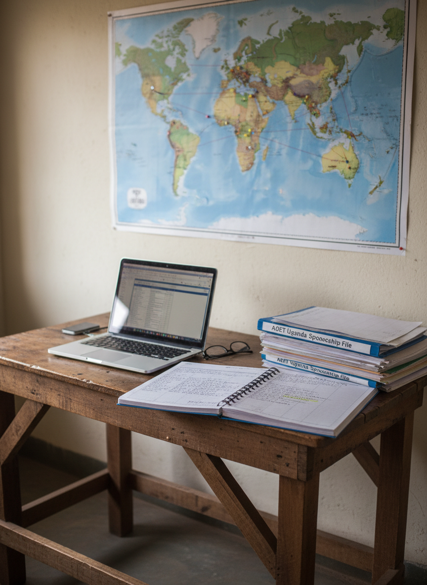 A sturdy wooden table in a modest Ugandan community room, its surface occupied by an open laptop showing a blurred spreadsheet, a spiral-bound notebook filled with handwritten notes, a stack of AOET Uganda sponsorship files, and a single pair of reading glasses folded neatly beside them. A world map pinned on the textured cream wall behind the table is dotted with tiny colored pins connecting Uganda to various US cities. Soft overcast daylight filters in from an unseen window, creating an even, neutral light with gentle shadows. Photographic realism, shot from a three-quarter angle with shallow depth of field, professional and documentary in style, evoking organized collaboration between international mission partners and local staff.