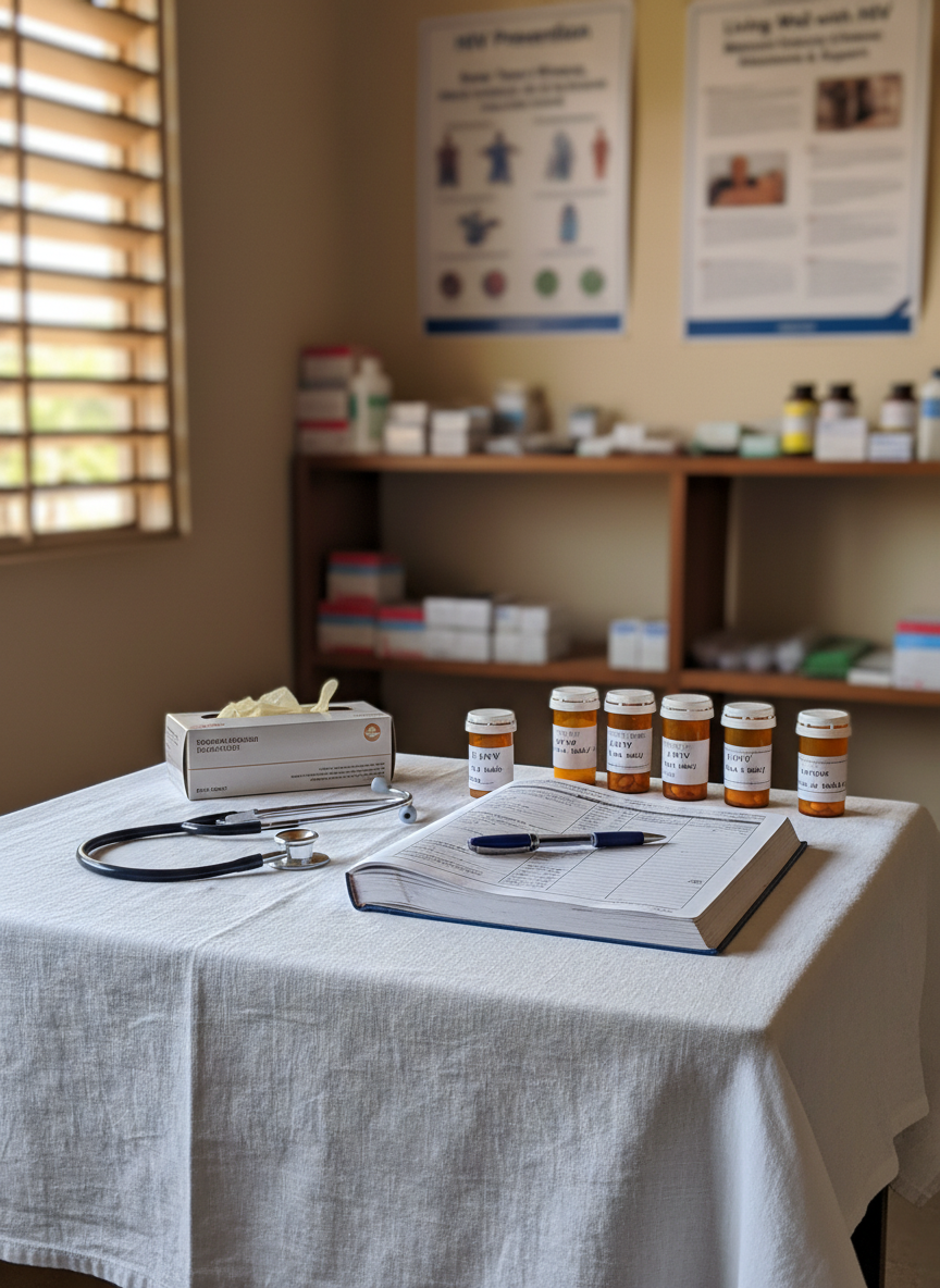A simple medical consultation table in a rural HIV/AIDS support clinic, covered with a clean white sheet that has subtle fabric creases and soft texture. On the table rest a carefully arranged stethoscope, a small box of gloves, neatly labeled pill bottles, and a handwritten patient register with a blue pen laid across it. The background shows shelves with organized medical supplies and educational posters about HIV prevention and care, slightly blurred. Gentle diffused daylight enters through a louvered window, creating a soft, professional atmosphere. Photographic realism, eye-level framing with moderate depth of field, emphasizing compassion, organization, and the practical side of caring for those impacted by HIV/AIDS in partnership with mission teams.