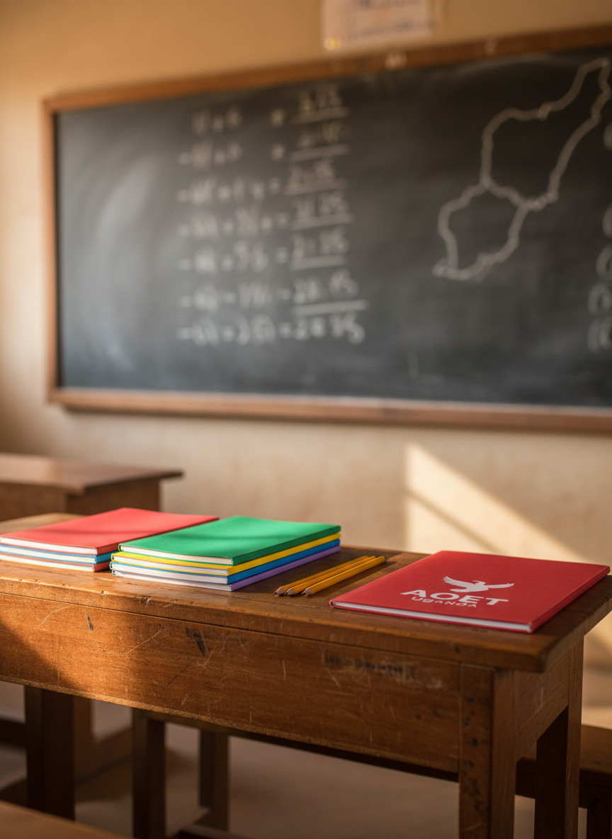 A carefully arranged wooden classroom desk in a Ugandan primary school, its surface worn smooth and warm brown from years of use, holds a neatly stacked set of brightly colored exercise books, well-sharpened yellow pencils, and a single red AOET Uganda folder with a subtle logo. In the background, a slightly out-of-focus chalkboard shows handwritten math problems and a small map of Uganda. Soft afternoon sunlight streams through a high window, creating gentle highlights on the polished wood and casting long, calm shadows. Photographic realism, eye-level composition with shallow depth of field, professional and documentary in tone, conveying hope, focus, and the quiet dignity of education supported by missions work.