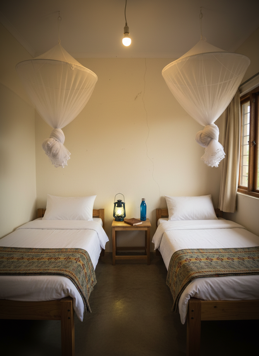 An empty dormitory-style room prepared for visiting mission team members, featuring two neatly made single beds with crisp white sheets, thin patterned blankets in earth tones, and simple wooden frames. Between them sits a small bedside table with a battery-powered lantern, a worn paperback journal, and a reusable water bottle. A mosquito net is carefully tied above each bed, its delicate mesh catching the light from a single overhead bulb. The plaster walls are painted a soft cream with slight imperfections that add texture. Photographic realism, eye-level composition with gentle falloff into the corners, the atmosphere is humble, safe, and welcoming, capturing the living conditions of a cross-cultural service trip.