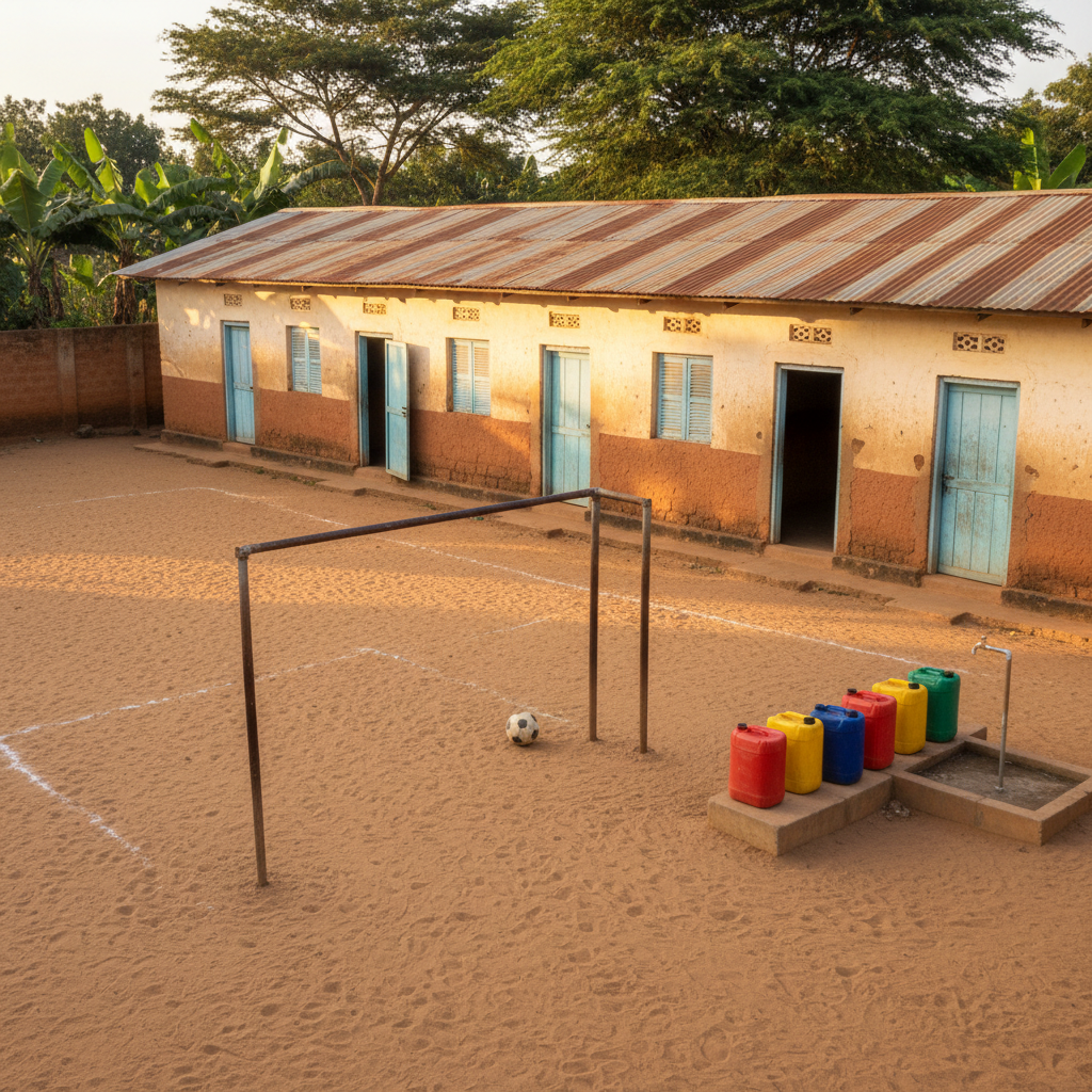An outdoor school courtyard in Uganda captured without people, showing a row of modest cream and terracotta classrooms with corrugated metal roofs, each door painted a slightly different faded blue. In the sandy courtyard, a single well-used soccer ball rests near a rust-colored metal goalpost, and a line of colorful plastic jerrycans waits by a water tap. Late afternoon golden-hour light bathes the scene, enhancing the earthy tones and creating long, soft shadows. Shot in photographic realism from a slightly elevated angle with crisp focus throughout, the mood is calm, expectant, and hopeful, suggesting a space where sponsored children learn, play, and are cared for through collaborative mission efforts.